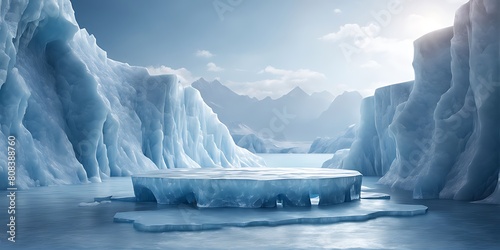  Ice background podium cold winter snow product platform floor frozen mountain iceberg.Podium glacier cool ice background stage landscape display icy stand 3d water nature pedestal arctic concept cave photo