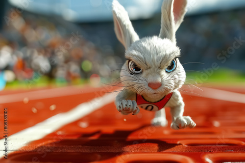 agile rabbit sprinter on racetrack, 3d cartoon for athletic promotion and speed representation, olympic games