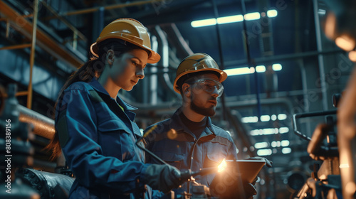  Industrial Engineers Standing Surround By Pipeline Parts in the Middle of Enormous Heavy Industry Manufacturing Factory photo