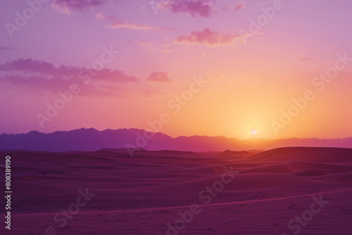 Breathtaking sunset over a vast desert landscape, illuminating the sand and distant mountains in vibrant purple hues.