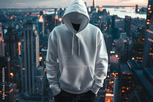 A modern mockup featuring a blank hoodie and urban cityscape backdrop, perfect for presenting apparel designs for streetwear brands