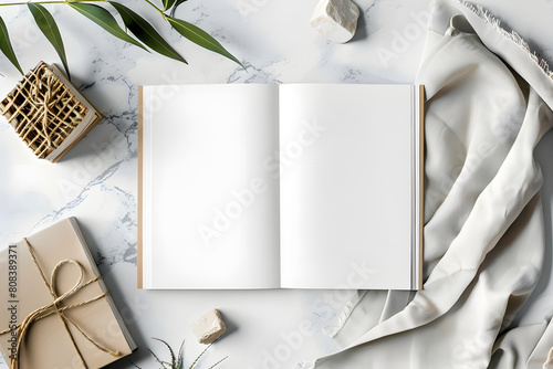 A professional mockup displaying a blank catalog and product samples, suitable for presenting product catalog designs for retail brands and manufacturers  photo
