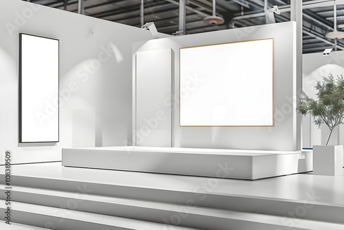 A professional mockup showcasing a blank trade show booth and promotional materials  ideal for presenting booth designs for trade shows and exhibitions 