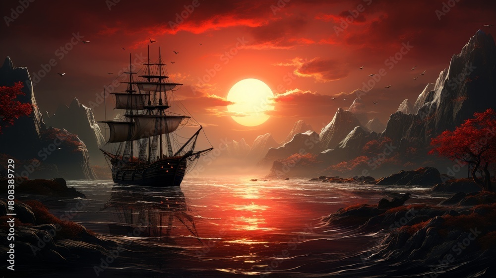 Surreal landscape at sunset with mountains, ship, and red sun 