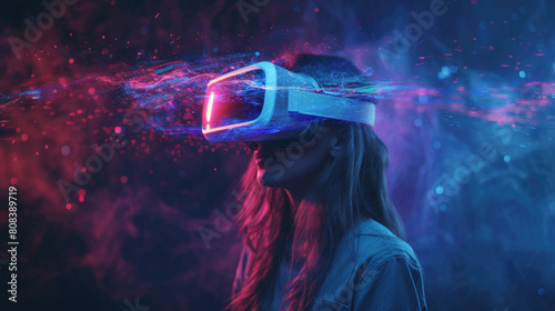 Young woman uses headset for virtual reality on dark background, portrait of adult girl with VR glasses in neon light. Concept of futuristic technology, metaverse, people