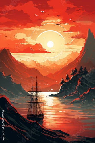 Surreal landscape at sunset with mountains  ship  and red sun 