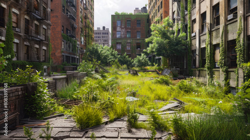 City street at post apocalypse, abandoned buildings overgrown with grass and green plants many years after end of world. Theme of war, apocalyptic future
