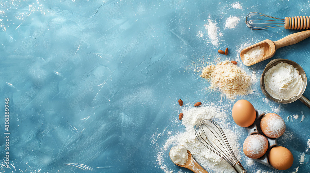 top view background for baking, flour, eggs, whisk, cake spatula; blue background top view background for baking, flour, eggs, whisk, cake spatula; blue background