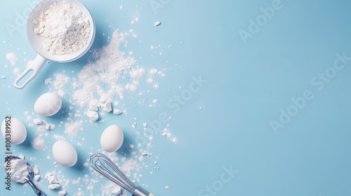  top view background for baking, flour, eggs, whisk, cake spatula; blue background photo