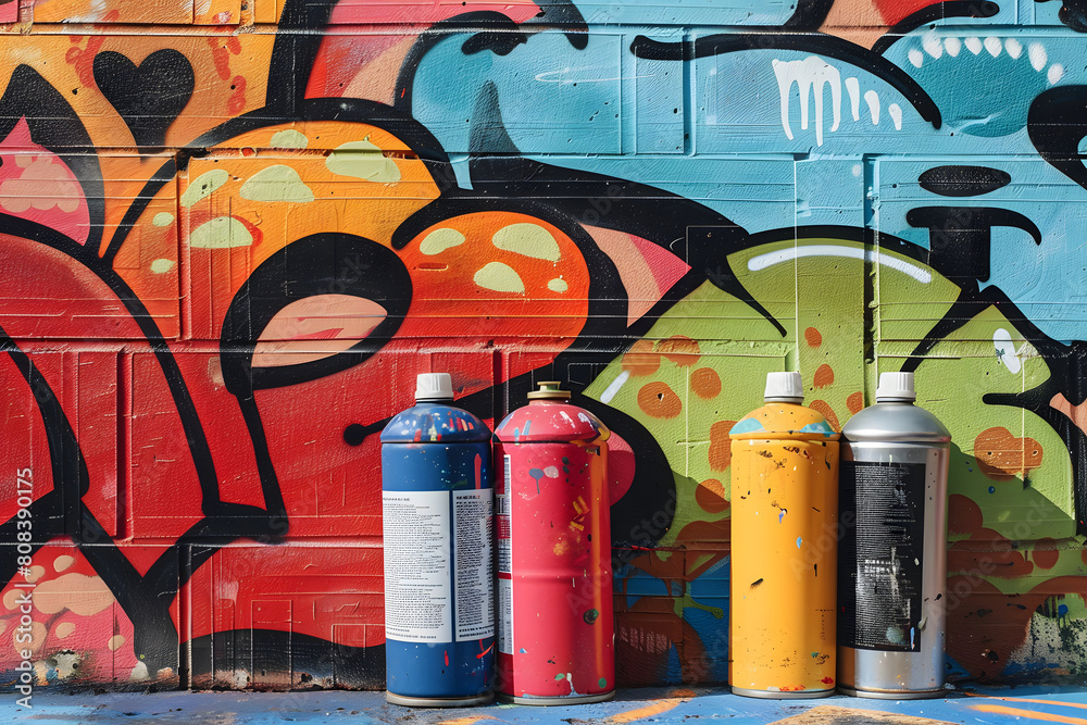 A trendy mockup featuring a blank street art mural and spray paint cans ...