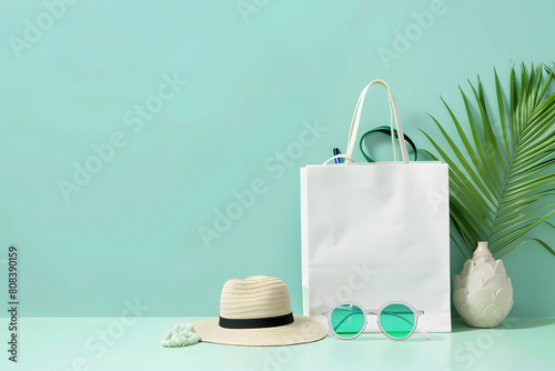 A trendy mockup featuring a blank shopping bag and fashion accessories, perfect for presenting branding designs for retail stores and fashion brands