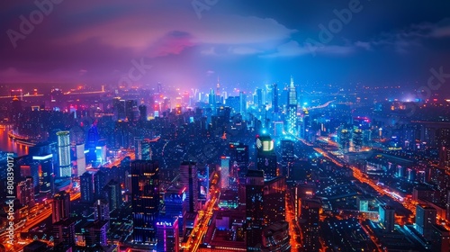 Stunning night view of a vibrant cityscape with glowing lights © Media Srock