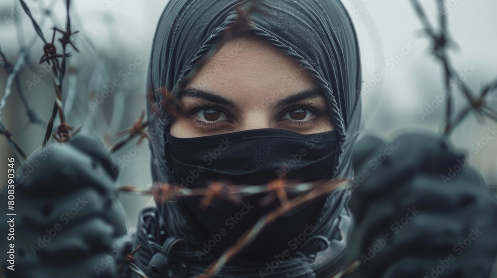 Concept with masked woman grabbing barbed wire Concept with masked woman grabbing barbed wire
