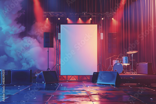 A trendy mockup showcasing a blank poster and concert stage, ideal for presenting event poster designs for music festivals and live concerts