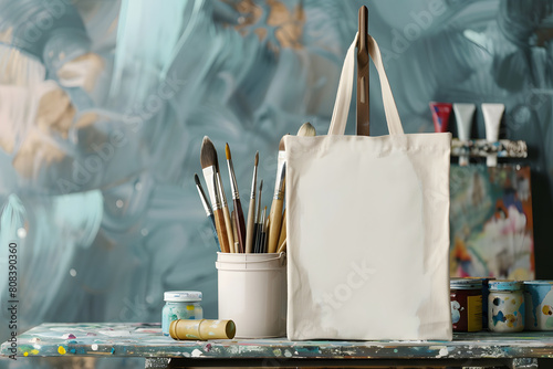 An artistic mockup displaying a blank canvas tote bag and art supplies, suitable for presenting merchandise designs for art galleries and museums
