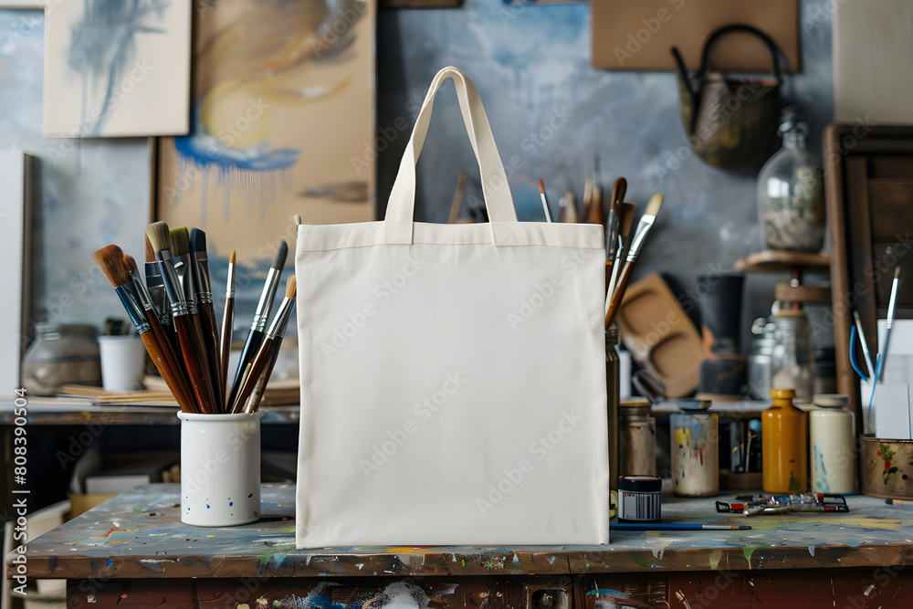 An artistic mockup displaying a blank canvas tote bag and art supplies, suitable for presenting merchandise designs for art galleries and museums An artistic mockup displaying a blank canvas tote bag and art supplies, suitable for presenting merchandise designs for art galleries and museums