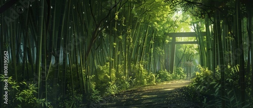 A verdant bamboo forest path leads through an illuminated green landscape.