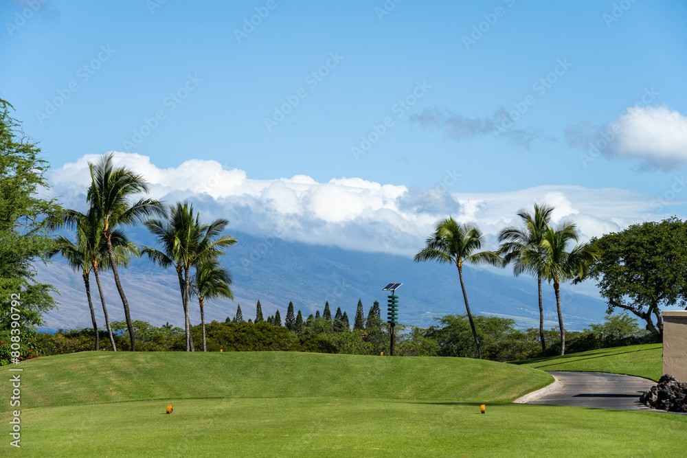 View of the solar powered tsunami warning siren from the tee box on a tropical golf course, palm trees and sunny skies, vacation recreation
View of the solar powered tsunami warning siren from the tee box on a tropical golf course, palm trees and sunny skies, vacation recreation