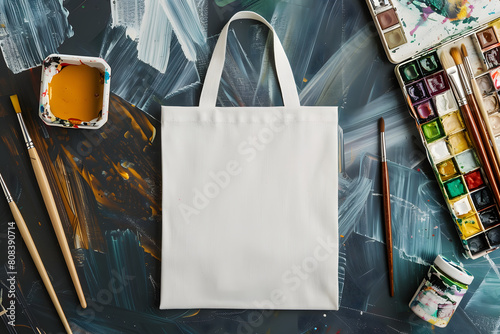 An artistic mockup displaying a blank canvas tote bag and art supplies, suitable for presenting merchandise designs for art galleries and museums