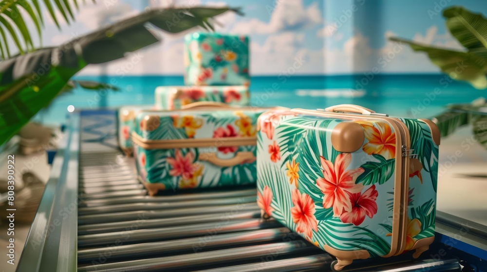 Suitcases decorated with tropical patterns rest on a conveyor belt near a sandy beach backdrop Suitcases decorated with tropical patterns rest on a conveyor belt near a sandy beach backdrop
