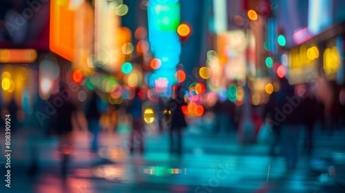 Neon Lit City Street with Bokeh Lens Blur AI Generated.