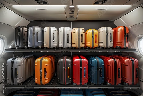 Overhead view of assorted hard and soft 3D suitcases arranged in an overhead storage bin on an airplane photo