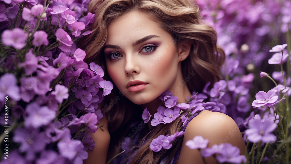 Close up beautiful model girl in a field of violet flowers Close up beautiful model girl in a field of violet flowers