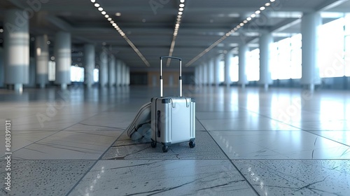 A lone suitcase abandoned on the floor of an empty airport terminal, hinting at a travelers unexpected change of plans or lost luggage dilemma photo