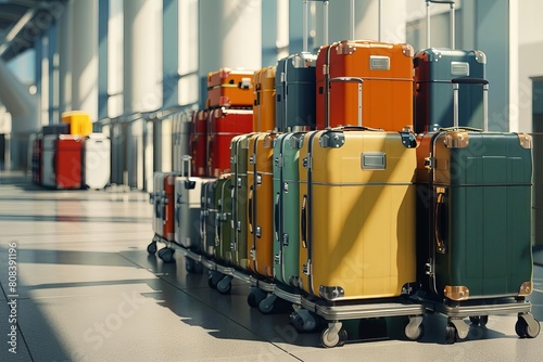 A collection of suitcases stacked neatly on a luggage trolley, awaiting transport to their respective destinations, each one a vessel for the dreams and aspirations of its owner photo