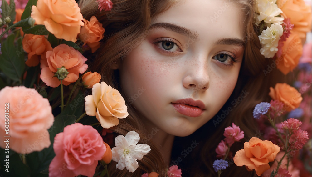 Close up young girl model with flowers Close up young girl model with flowers