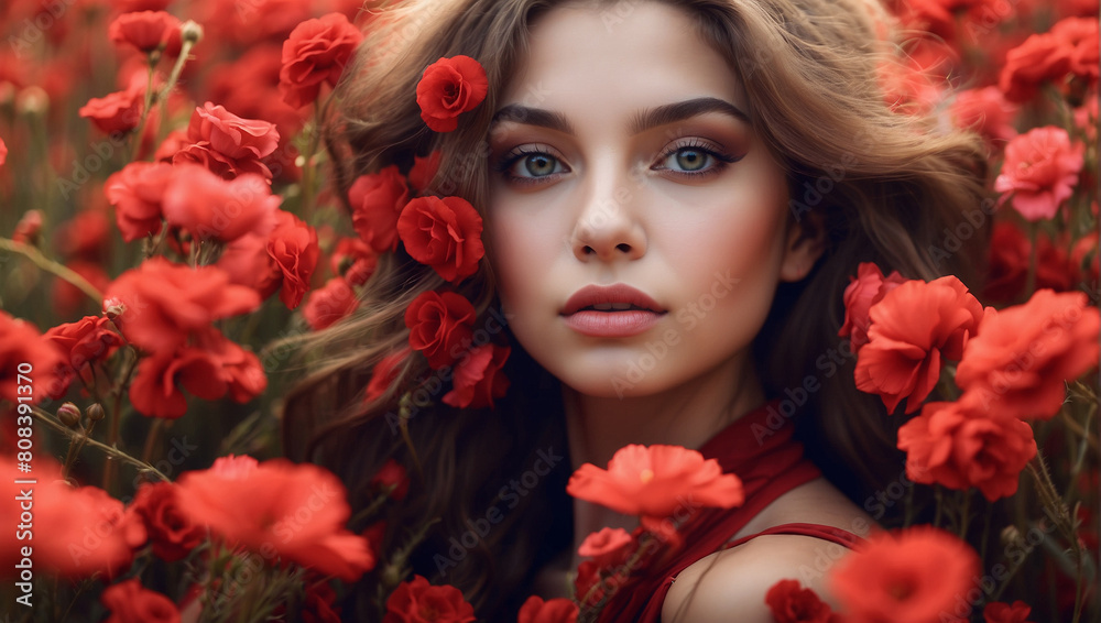 Close up beautiful model girl in a field of red flowers Close up beautiful model girl in a field of red flowers