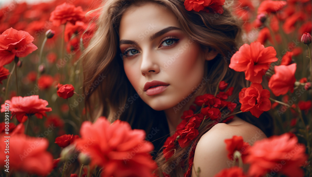 Close up beautiful model girl in a field of red flowers