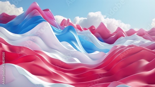 A mountain range with a pink, blue, and white flag in the foreground, Memorial Day photo