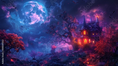 Spooky haunted house under a full moon 