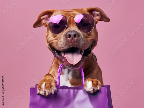 happy brown pitbull dog wearing sunglasses and holding purple shopping bag isolated on pastel pink background © RealPeopleStudio