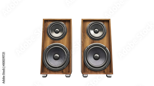 Set of audio loudspeakers, front product view, isolated on a transparent background. Set of audio loudspeakers, front product view, isolated on a white background. 