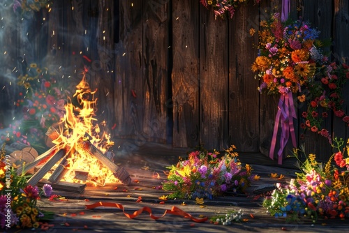 Ivan Kupala Celebration with Wildflower Wreaths and Bonfires on Wooden Background