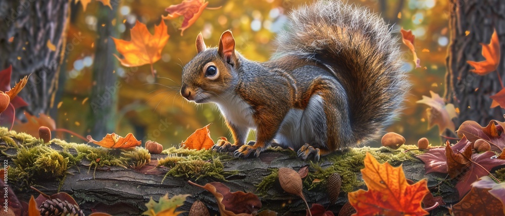 A squirrel on a mossy log surrounded by autumn leaves A squirrel on a mossy log surrounded by autumn leaves