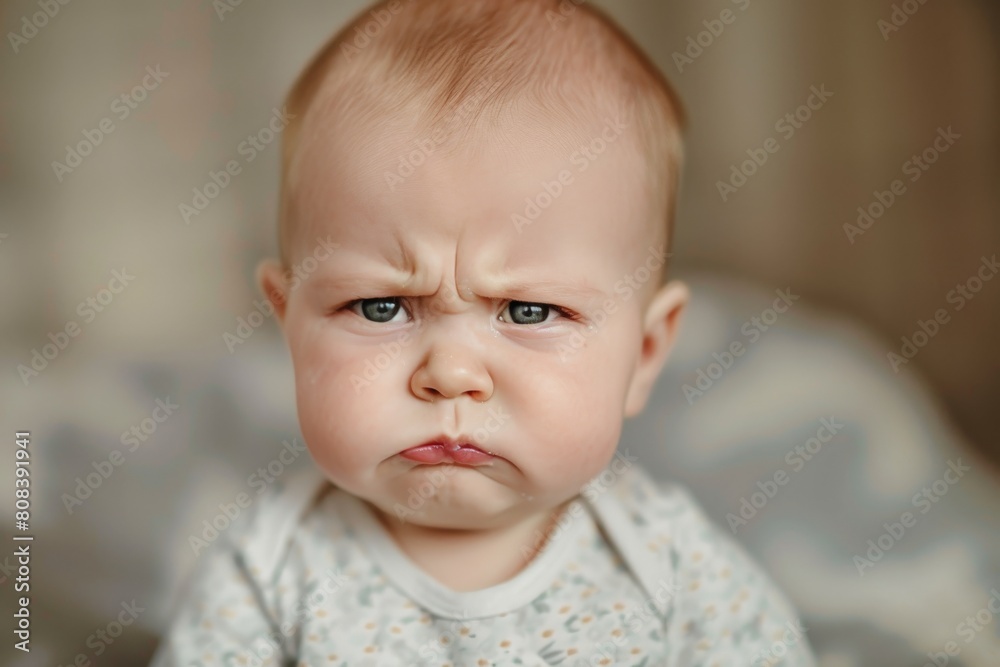 A portrait of a baby with a furrowed brow and a clenched jaw. The baby is angry and frustrated.