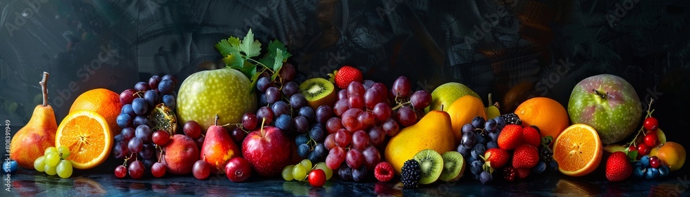 Abundance of fresh fruits arranged on a dark surface Abundance of fresh fruits arranged on a dark surface