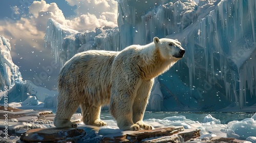 Capture a majestic polar bear against a backdrop of shimmering icicles glistening in the Arctic sun, rendered in photorealistic detail