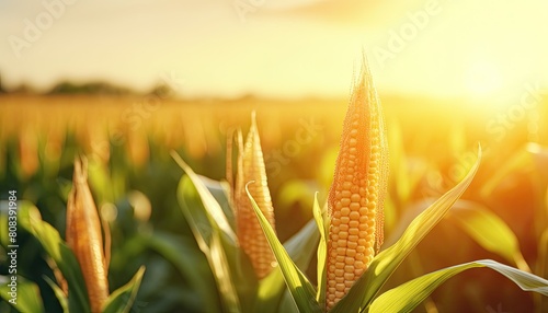 A field of corn with the sun setting in the background. © Vitaly Art