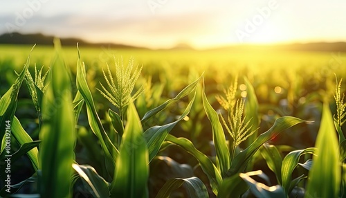 A field of corn with the sun light in the background. © Vitaly Art