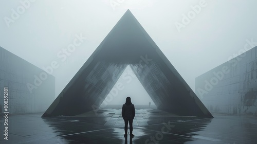  Silhouetted figure stands before a massive triangular structure 