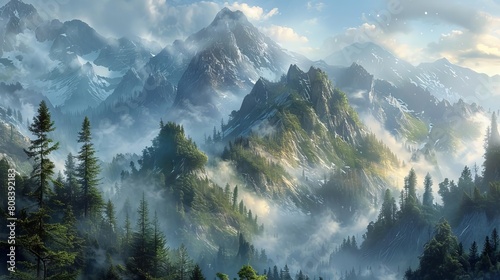Capture the ethereal beauty of a foggy mountain peak in a photorealistic style Show intricate details like dewdrops on pine needles and mist swirling around craggy rocks © Nawarit