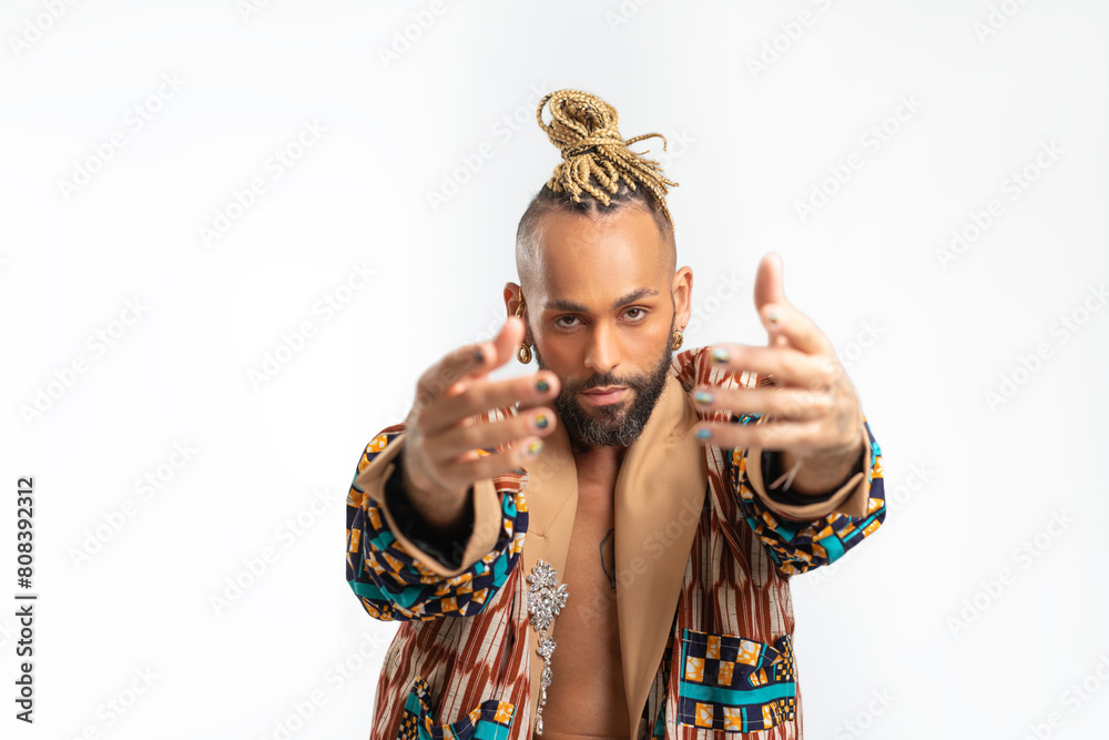 Φωτογραφία Portrait Trendy black latin gay man in fashionable clothes dancing isolated on white background studio portrait People lifestyle fashion lgbtq concept