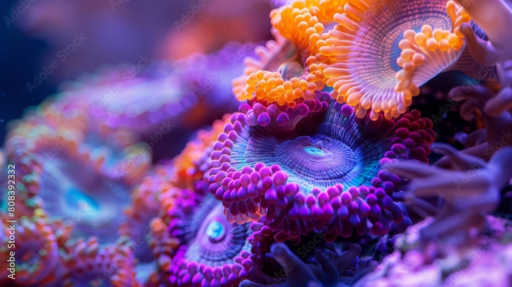 Obraz premium Capture the intricate details of colorful coral reefs in a macro shot, showcasing vibrant textures that pop against the underwater backdrop