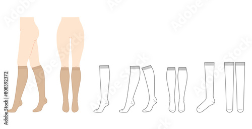 Knee-high Socks length set on women legs and CAD flat template mockup. Hosiery Fashion accessory clothing technical illustration stocking. Vector front, side view, sketch outline isolated on white