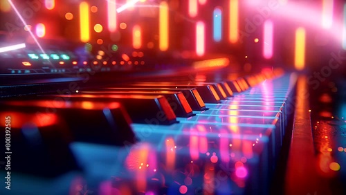 electronic piano surrounded by vibrant neon lights and futuristic element, World music day. Seamless looping 4k time-lapse video animation background photo