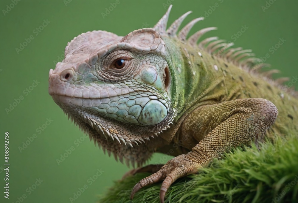 Fototapeta premium Green Iguana Close-Up on green background